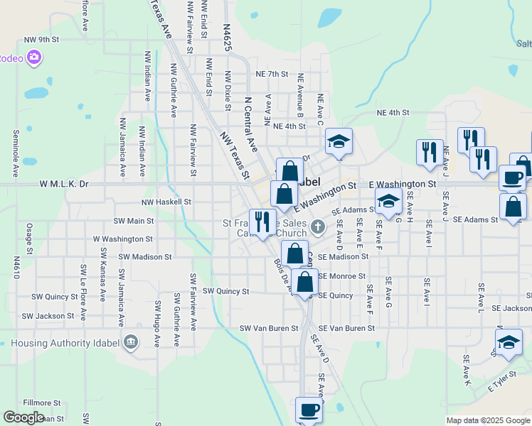 map of restaurants, bars, coffee shops, grocery stores, and more near 52 Northwest Texas Avenue in Idabel