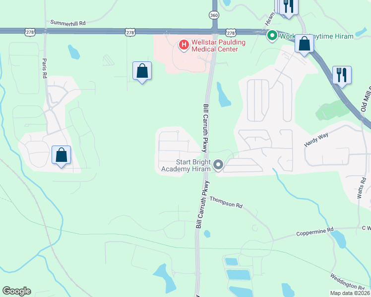 map of restaurants, bars, coffee shops, grocery stores, and more near 9 Darbys Run Way in Hiram
