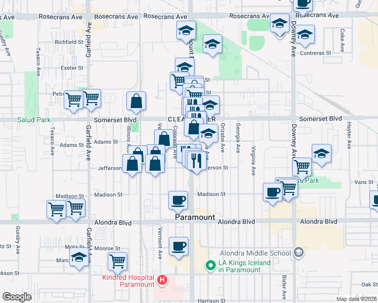 map of restaurants, bars, coffee shops, grocery stores, and more near 15326 Colorado Avenue in Paramount