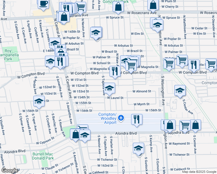 map of restaurants, bars, coffee shops, grocery stores, and more near 1366 West 152nd Street in Compton