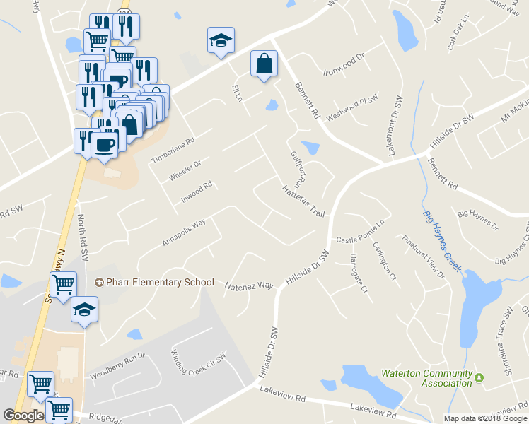 map of restaurants, bars, coffee shops, grocery stores, and more near 1543 Greensboro Way in Grayson