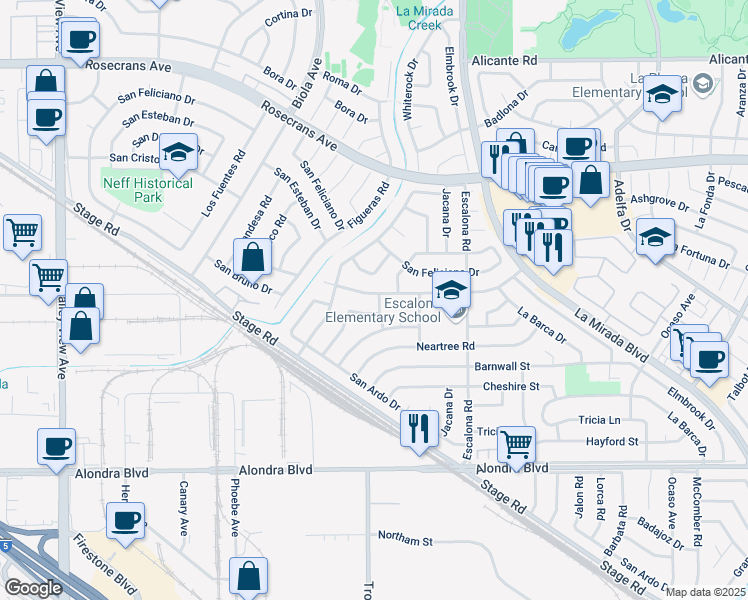 map of restaurants, bars, coffee shops, grocery stores, and more near 14812 Excelsior Drive in La Mirada