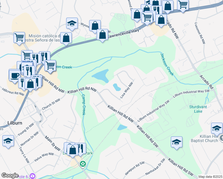 map of restaurants, bars, coffee shops, grocery stores, and more near 226 Sandra Drive Northwest in Lilburn