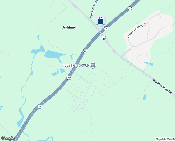 map of restaurants, bars, coffee shops, grocery stores, and more near 2853 Brookstone Crossing in Bogart