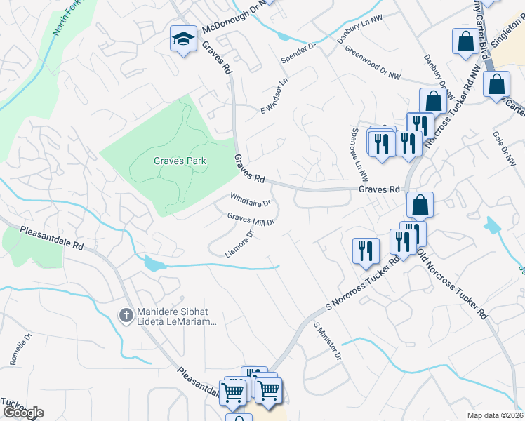 map of restaurants, bars, coffee shops, grocery stores, and more near 6696 Windfaire Drive in Norcross