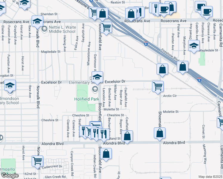 map of restaurants, bars, coffee shops, grocery stores, and more near 15112 Bechard Avenue in Norwalk