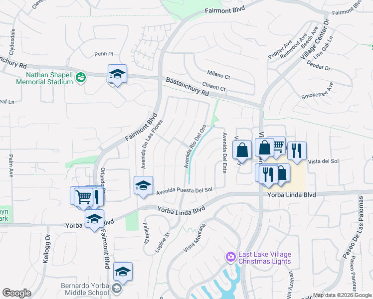 map of restaurants, bars, coffee shops, grocery stores, and more near 4535 Avenida Rio Del Oro in Yorba Linda
