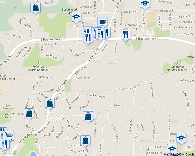 map of restaurants, bars, coffee shops, grocery stores, and more near 1383 Canterbury Lane in Fullerton