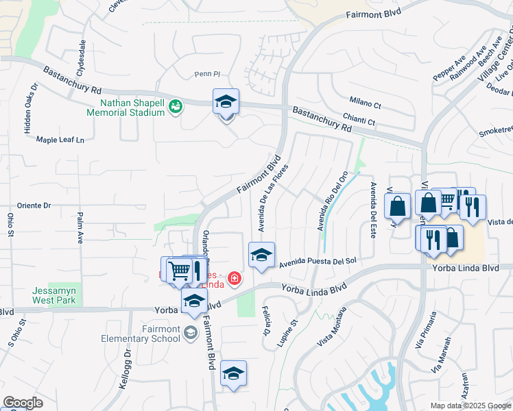 map of restaurants, bars, coffee shops, grocery stores, and more near 4577 Avenida De Las Flores in Yorba Linda