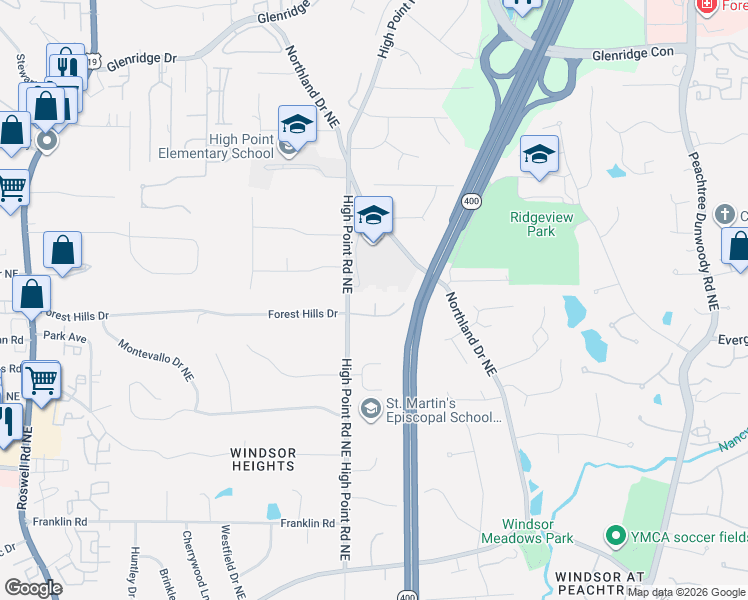 map of restaurants, bars, coffee shops, grocery stores, and more near 325 Nell Court Northeast in Atlanta