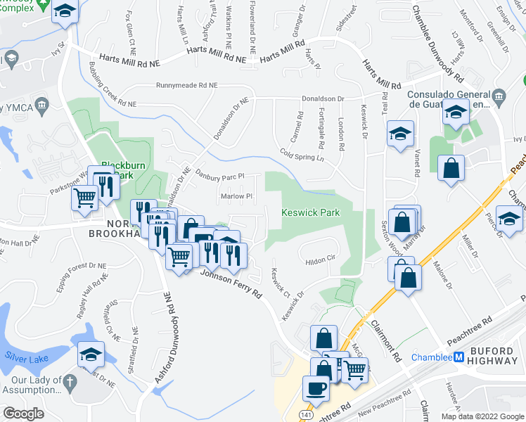 map of restaurants, bars, coffee shops, grocery stores, and more near 3507 Brookleigh Lane Northeast in Brookhaven