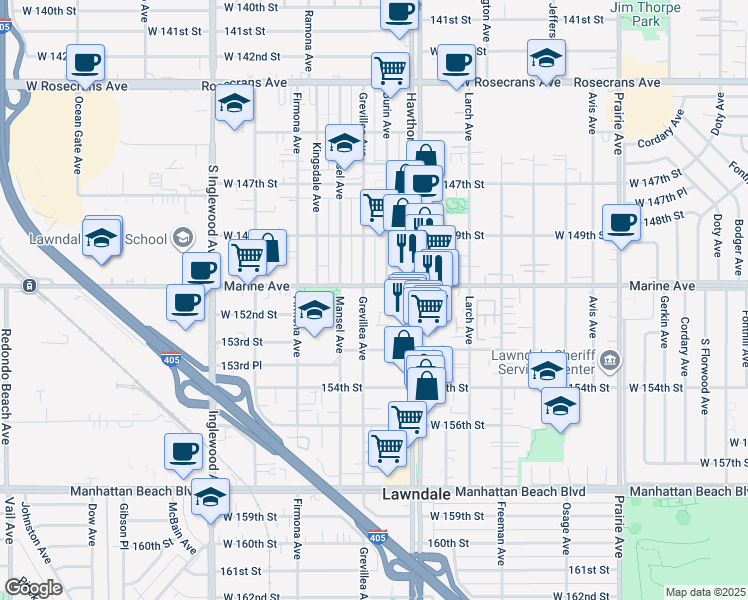 map of restaurants, bars, coffee shops, grocery stores, and more near 15118 Grevillea Avenue in Lawndale