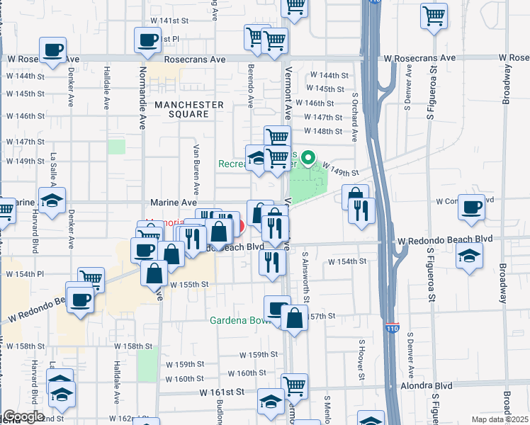 map of restaurants, bars, coffee shops, grocery stores, and more near 1028 Marine Avenue in Gardena