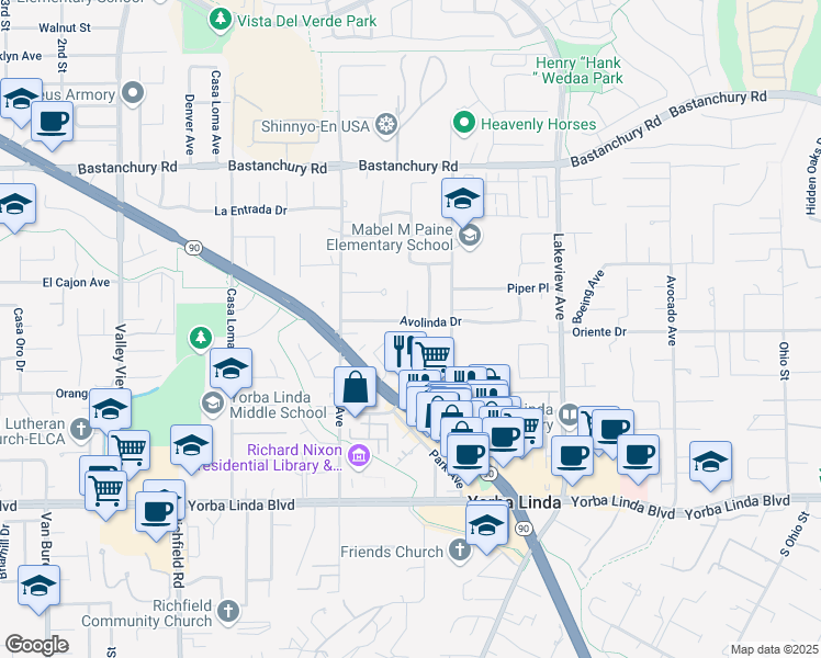 map of restaurants, bars, coffee shops, grocery stores, and more near 18142 Avolinda Drive in Yorba Linda