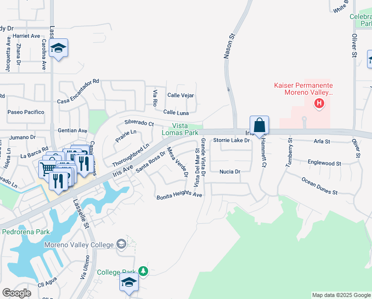 map of restaurants, bars, coffee shops, grocery stores, and more near 26704 Pueblo Vista Way in Moreno Valley