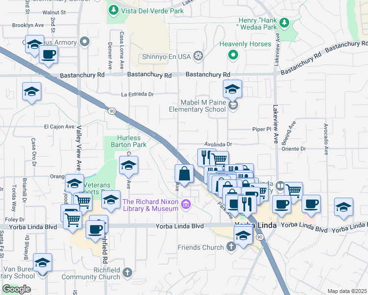 map of restaurants, bars, coffee shops, grocery stores, and more near 18026 Avolinda Drive in Yorba Linda