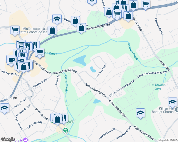 map of restaurants, bars, coffee shops, grocery stores, and more near 226 Sandra Dr NW in Lilburn