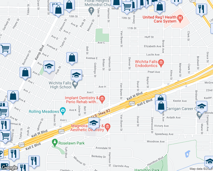 map of restaurants, bars, coffee shops, grocery stores, and more near 2104 Avenue H in Wichita Falls