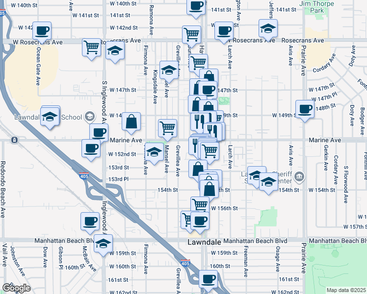 map of restaurants, bars, coffee shops, grocery stores, and more near 15118 Grevillea Avenue in Lawndale