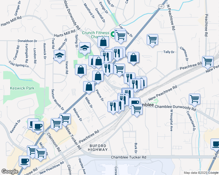 map of restaurants, bars, coffee shops, grocery stores, and more near 3550 Chamblee Dunwoody Road in Chamblee