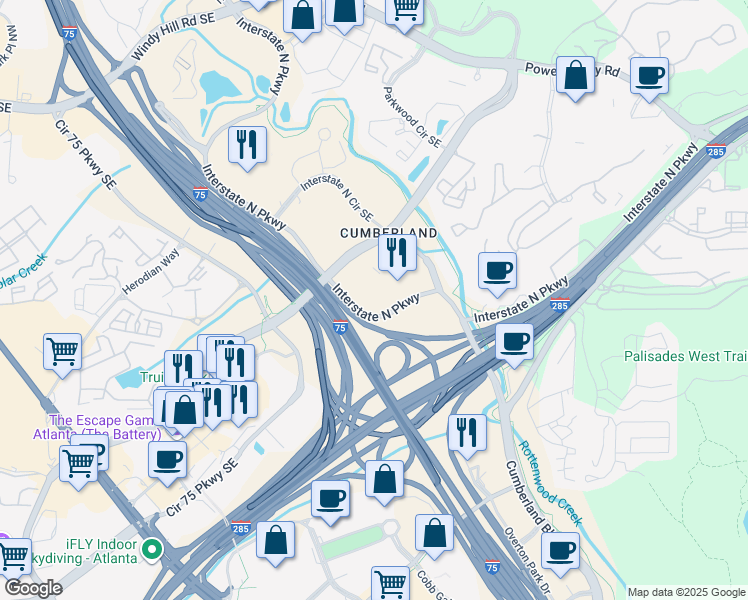 map of restaurants, bars, coffee shops, grocery stores, and more near 320 Interstate North Parkway in Atlanta