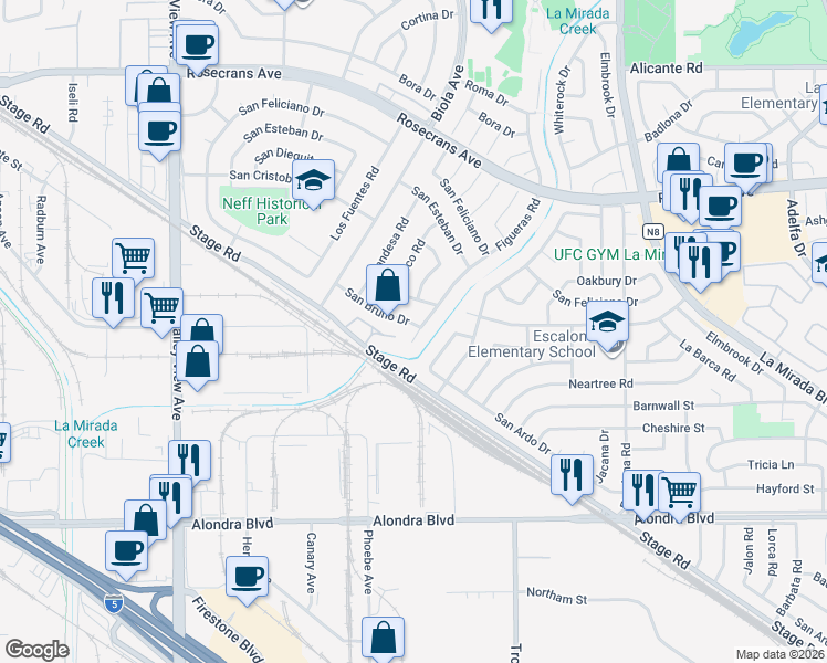 map of restaurants, bars, coffee shops, grocery stores, and more near 14845 Figueras Road in La Mirada