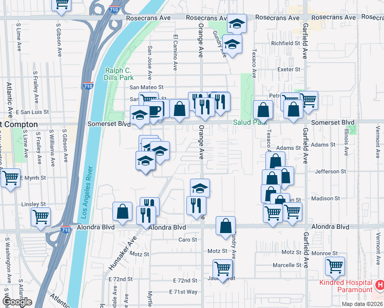 map of restaurants, bars, coffee shops, grocery stores, and more near 15325 Orange Avenue in Paramount