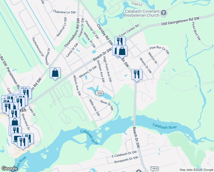 map of restaurants, bars, coffee shops, grocery stores, and more near 1131 Charlotte Ave SW in Calabash