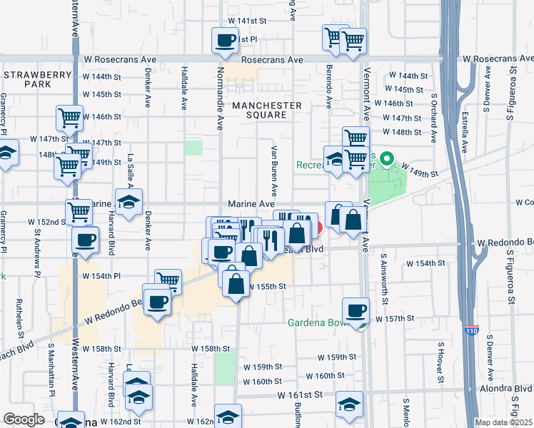 map of restaurants, bars, coffee shops, grocery stores, and more near 15116 South Raymond Avenue in Gardena