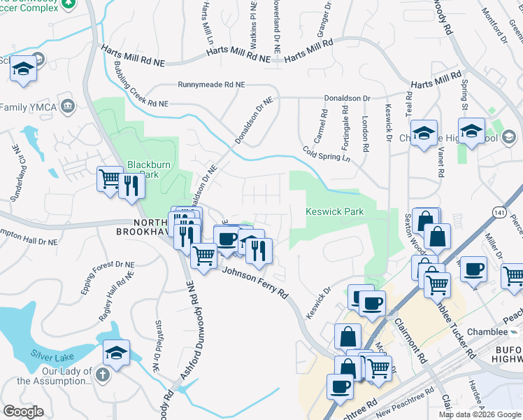 map of restaurants, bars, coffee shops, grocery stores, and more near 3555 Brookleigh Lane Northeast in Brookhaven