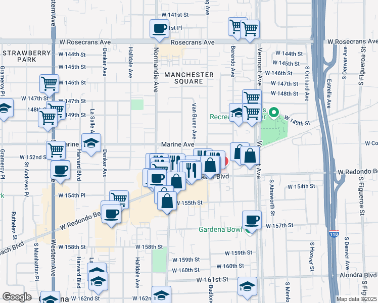 map of restaurants, bars, coffee shops, grocery stores, and more near 15130 South Raymond Avenue in Gardena