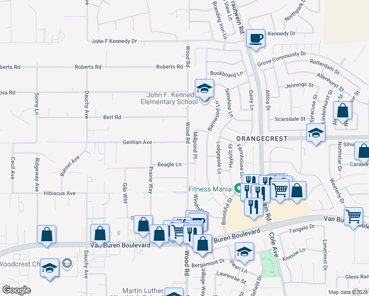 map of restaurants, bars, coffee shops, grocery stores, and more near 15511 Wood Road in Riverside