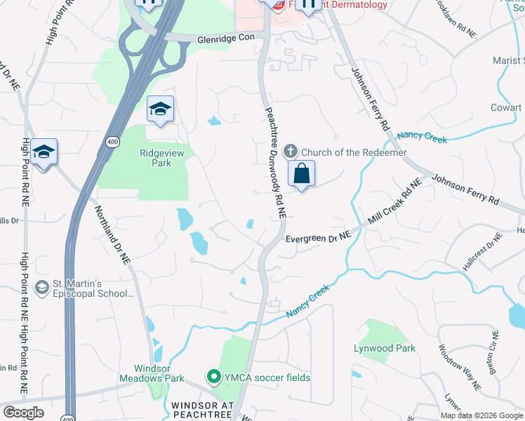 map of restaurants, bars, coffee shops, grocery stores, and more near 115 Claridge Drive Northeast in Atlanta