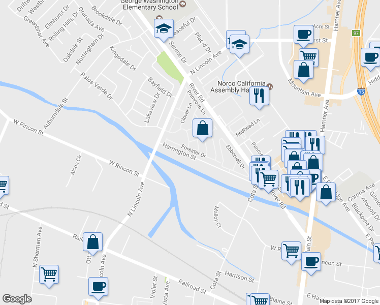 map of restaurants, bars, coffee shops, grocery stores, and more near 934 Forester Drive in Corona