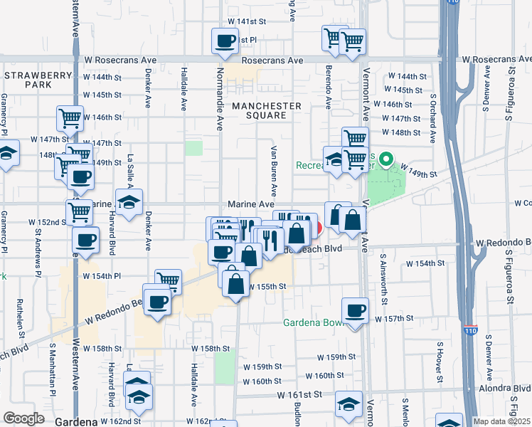 map of restaurants, bars, coffee shops, grocery stores, and more near 15116 South Raymond Avenue in Gardena