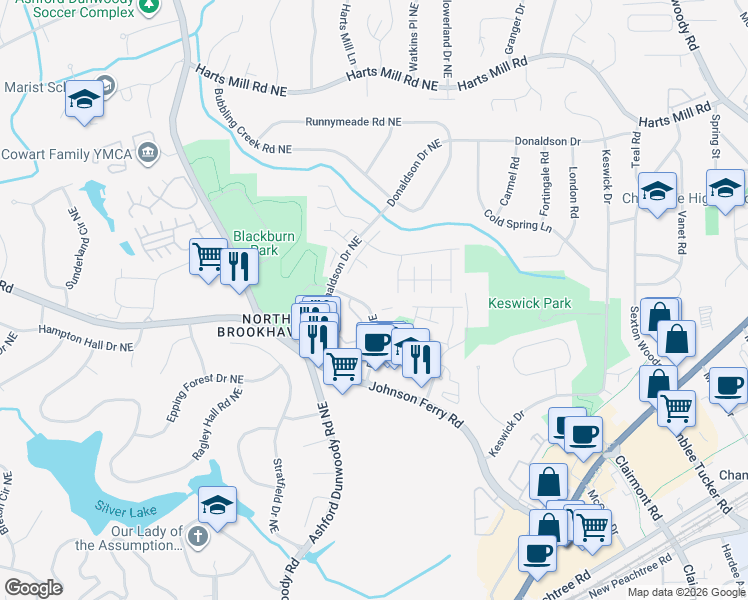 map of restaurants, bars, coffee shops, grocery stores, and more near 3521 Blair Circle Northeast in Atlanta