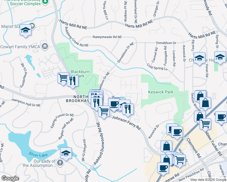 map of restaurants, bars, coffee shops, grocery stores, and more near 3521 Blair Circle Northeast in Atlanta