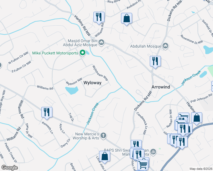map of restaurants, bars, coffee shops, grocery stores, and more near 5516 Wylake Drive in Norcross