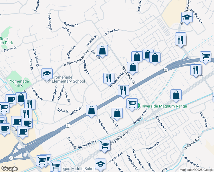map of restaurants, bars, coffee shops, grocery stores, and more near 2941 Wimbledon Drive in Corona