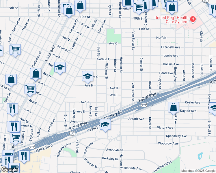 map of restaurants, bars, coffee shops, grocery stores, and more near 1800-1802 Giddings Street in Wichita Falls