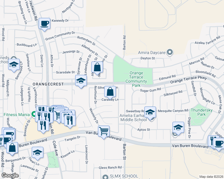 map of restaurants, bars, coffee shops, grocery stores, and more near 19975 Silvercrest Lane in Riverside