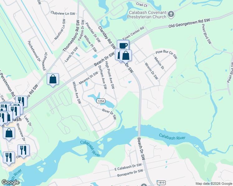 map of restaurants, bars, coffee shops, grocery stores, and more near 1037 High Point Ave SW in Calabash