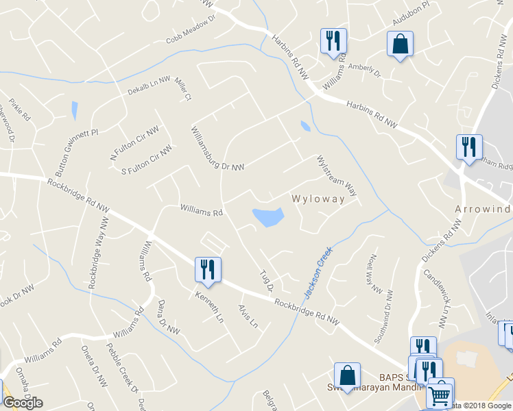 map of restaurants, bars, coffee shops, grocery stores, and more near 5694 Wylmoor Northwest in Norcross