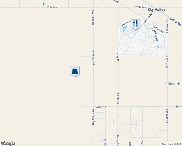 map of restaurants, bars, coffee shops, grocery stores, and more near 21325 Sky Ridge Road in Desert Hot Springs