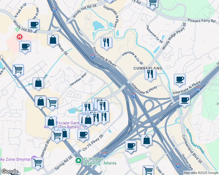 map of restaurants, bars, coffee shops, grocery stores, and more near 3050 Circle 75 Parkway in Smyrna