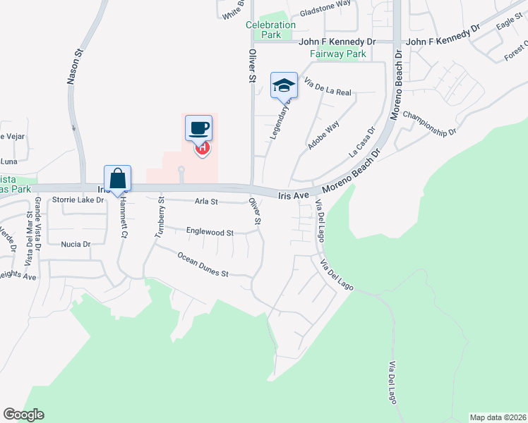 map of restaurants, bars, coffee shops, grocery stores, and more near 15610 Oliver Street in Moreno Valley