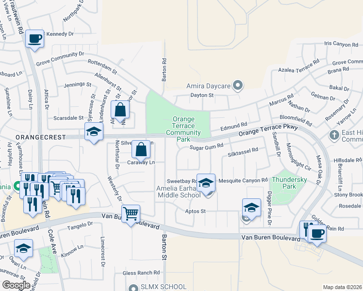 map of restaurants, bars, coffee shops, grocery stores, and more near 20083 Sugar Gum Road in Riverside