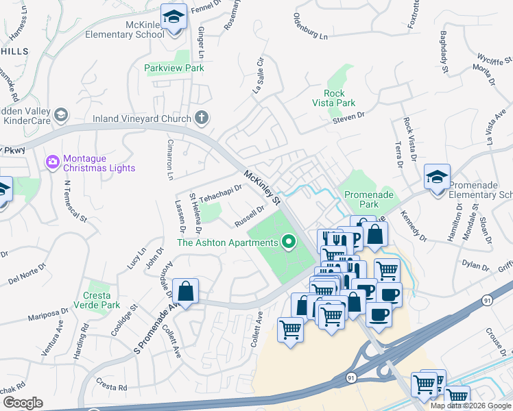 map of restaurants, bars, coffee shops, grocery stores, and more near 712 Mount Thompson Circle in Corona