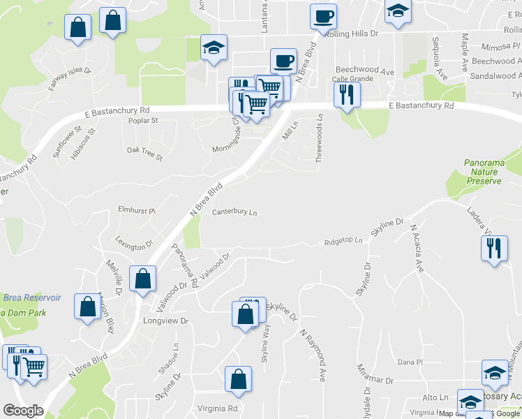 map of restaurants, bars, coffee shops, grocery stores, and more near 1383 Canterbury Lane in Fullerton