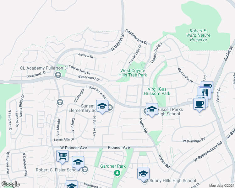 map of restaurants, bars, coffee shops, grocery stores, and more near 2117 Camino Centroloma in Fullerton